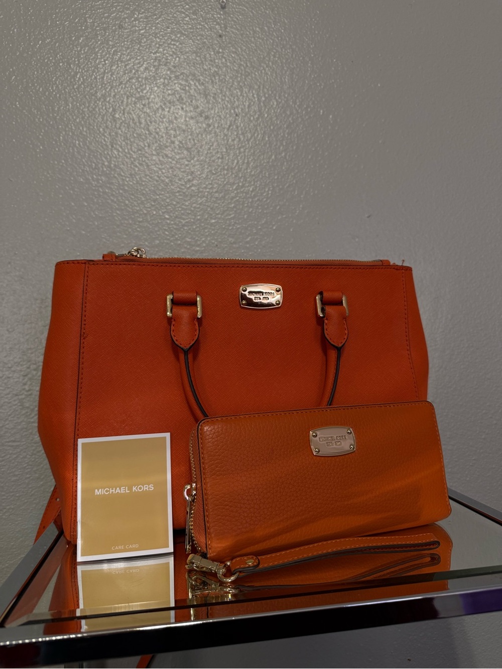 Michael Kors Orange Saffiano Tote & Matching Zip Wristlet Wallet Set